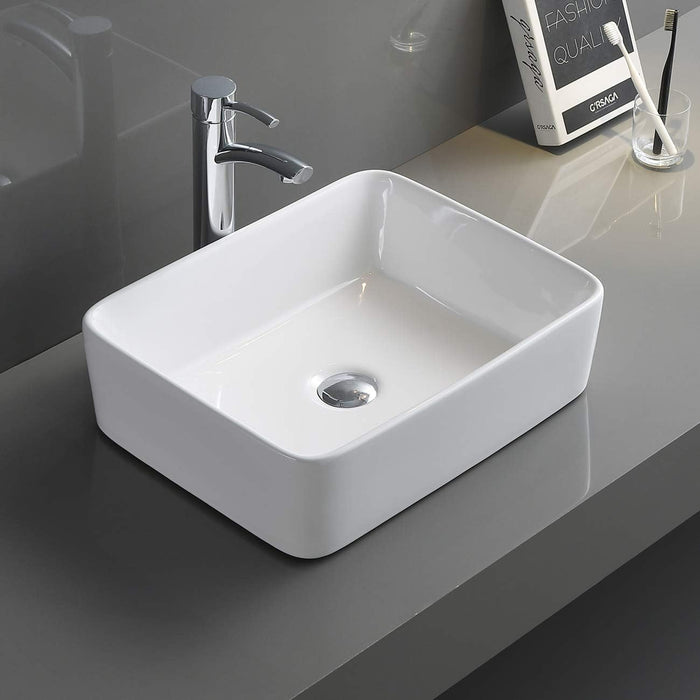 19 x 14 inch Bathroom Vessel Sink White Rectangular Above Vanity Counter Porcelain Ceramic - RVB1915