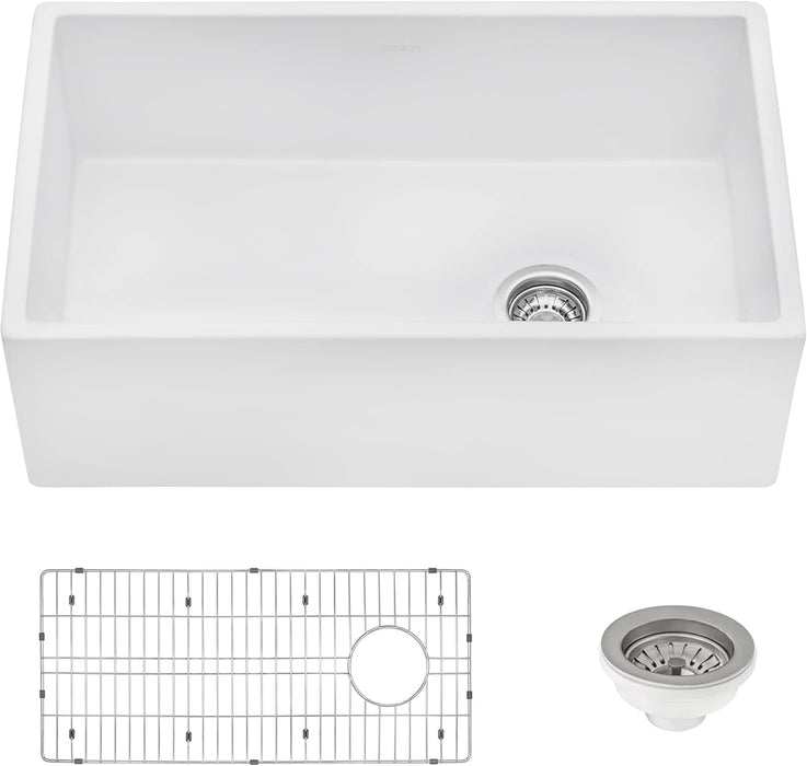 30-inch Fireclay Farmhouse Offset Drain Kitchen Sink Single Bowl White - Right Drain