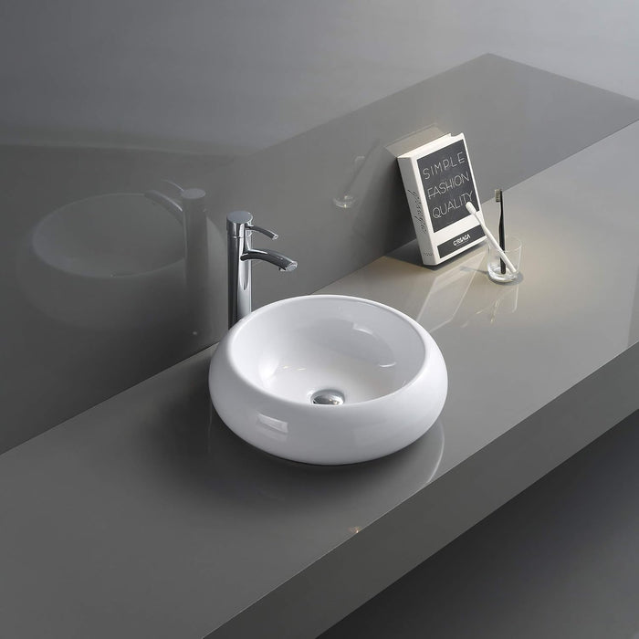 18 inch Round Bathroom Vessel Sink White Above Vanity Counter Circular Porcelain Ceramic - RVB0318