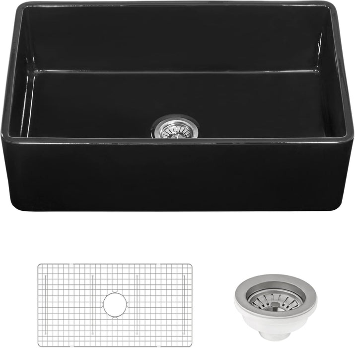 33 x 20 inch Fireclay Reversible Farmhouse Apron-Front Kitchen Sink Single Bowl - Glossy Black