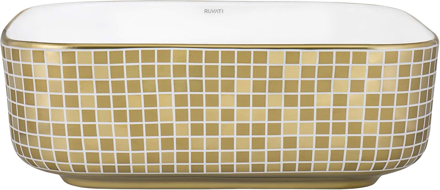 15 x 15 inch Bathroom Vessel Sink Gold Decorative Pattern Above Vanity Counter White Porcelain Ceramic