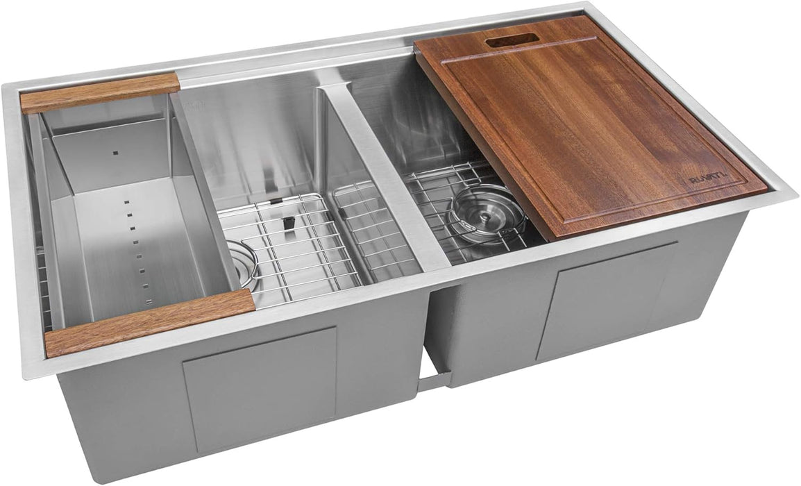 33-inch Workstation Ledge Rounded Corners 50/50 Double Bowl Undermount Kitchen Sink