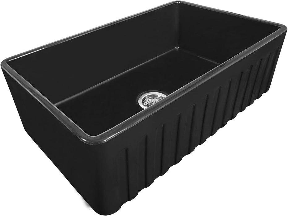 33 x 20 inch Fireclay Reversible Farmhouse Apron-Front Kitchen Sink Single Bowl - Glossy Black