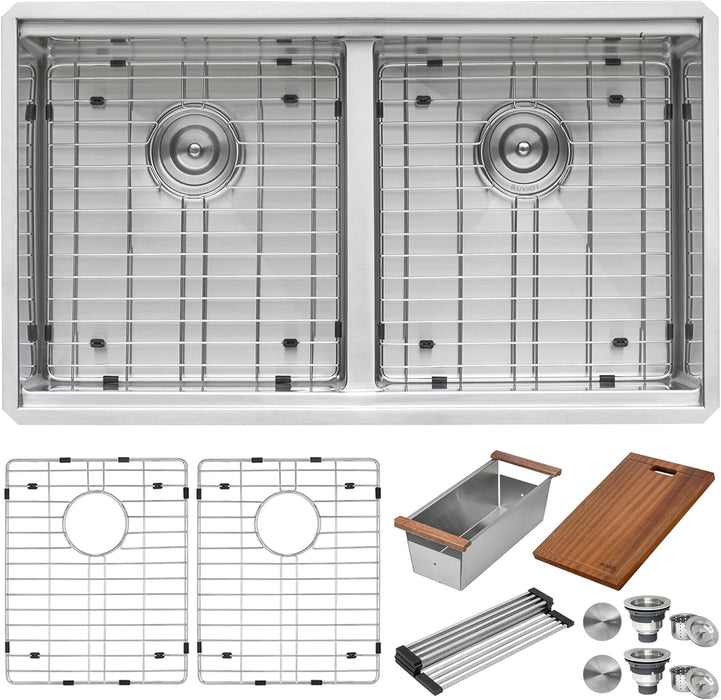 33-inch Workstation Ledge Rounded Corners 50/50 Double Bowl Undermount Kitchen Sink