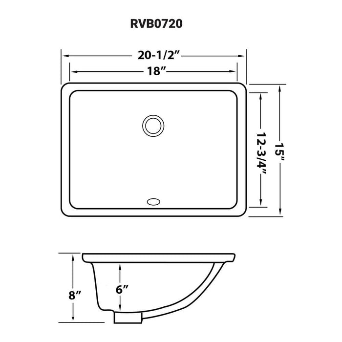 18 x 13 inch Undermount Bathroom Sink White Rectangular Porcelain Ceramic with Overflow - RVB0720