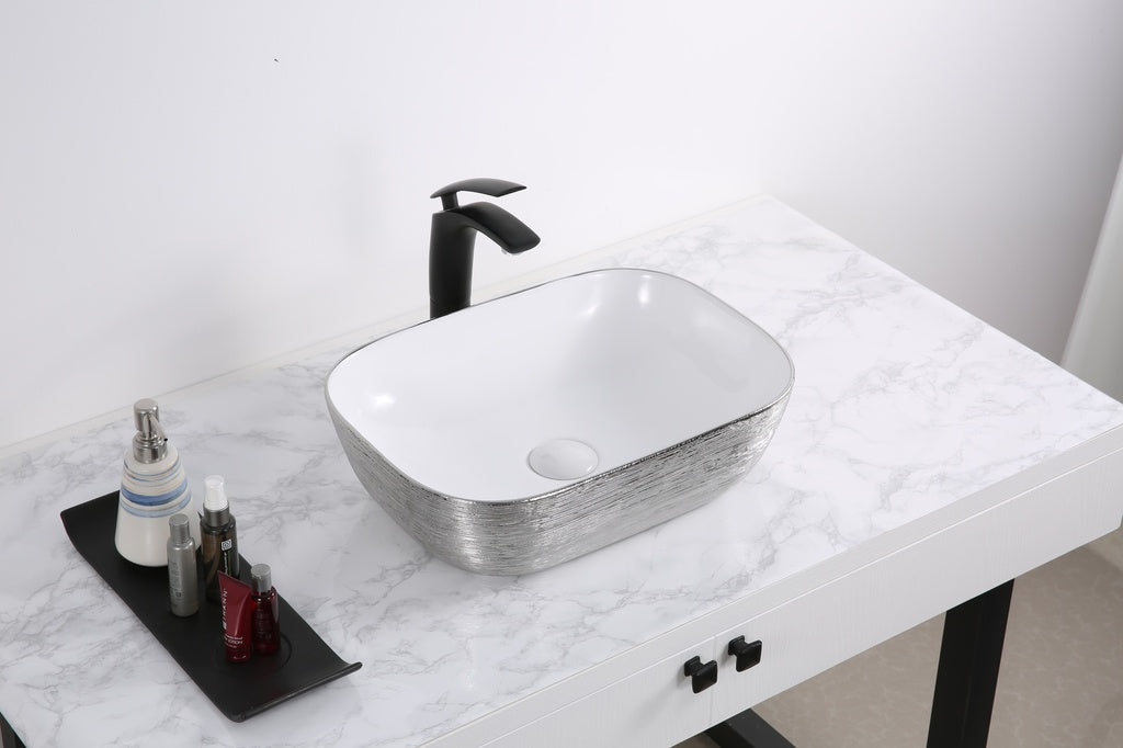 20 x 16 inch Bathroom Vessel Sink Silver Decorative Art Above Vanity Counter White Ceramic - RVB2016WS