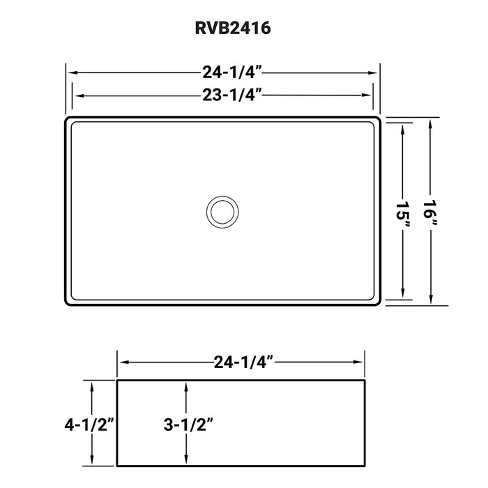 24 x 16 inch Bathroom Vessel Sink White Rectangular Above Counter Porcelain Ceramic