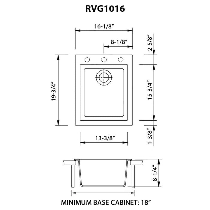 16 x 20 inch epiGranite Drop-in Topmount Granite Composite Single Bowl Kitchen Sink - Midnight Black - RVG1016BK