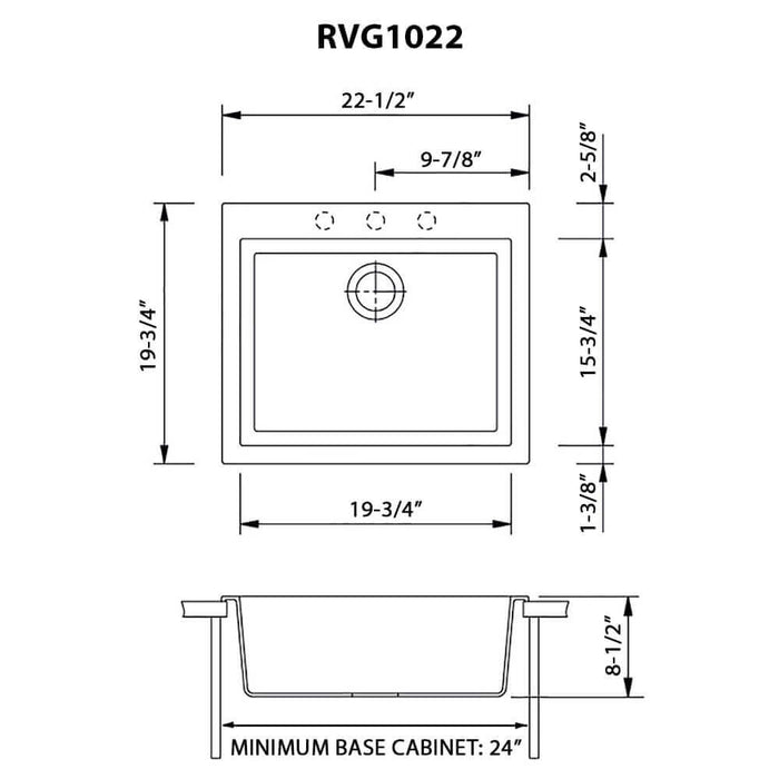 22 x 20 inch epiGranite Drop-in Topmount Granite Composite Single Bowl Kitchen Sink - Midnight Black - RVG1022BK