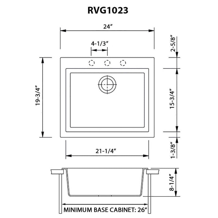 23 x 20 inch epiGranite Drop-in Topmount Granite Composite Single Bowl Kitchen Sink - Midnight Black - RVG1023BK