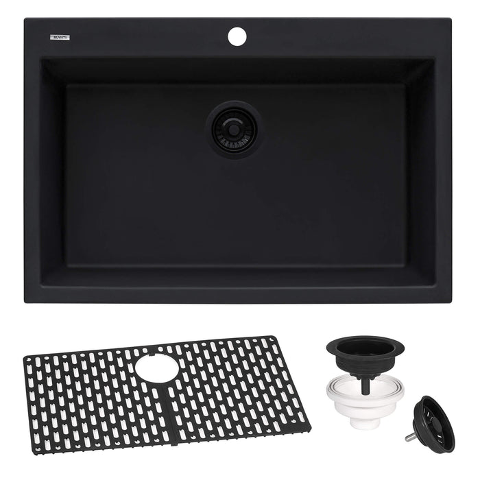 Ruvati 27 x 20 inch Drop-in Topmount Granite Composite Single Bowl Kitchen Sink – Midnight Black