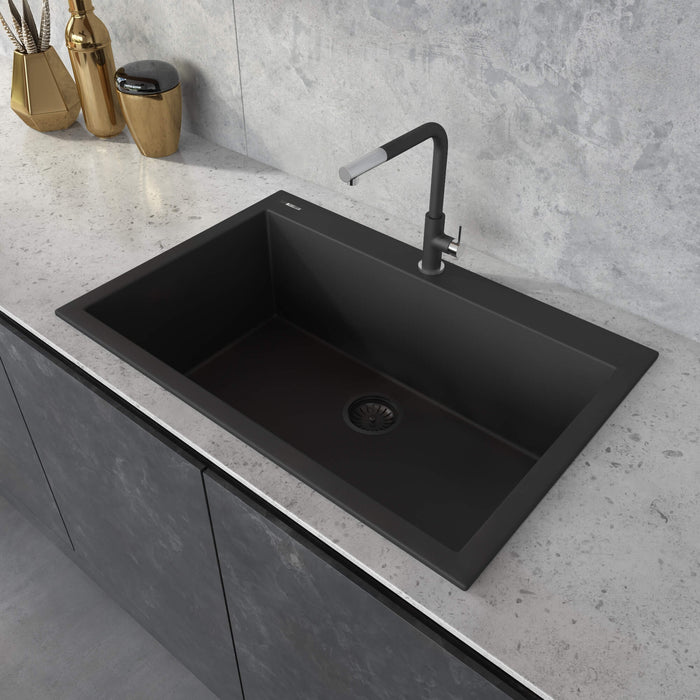 Ruvati 27 x 20 inch Drop-in Topmount Granite Composite Single Bowl Kitchen Sink – Midnight Black
