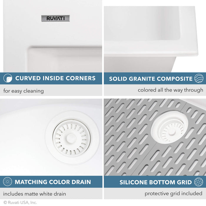 Ruvati 27 x 20 inch Drop-in Topmount Granite Composite Single Bowl Kitchen Sink – Arctic White