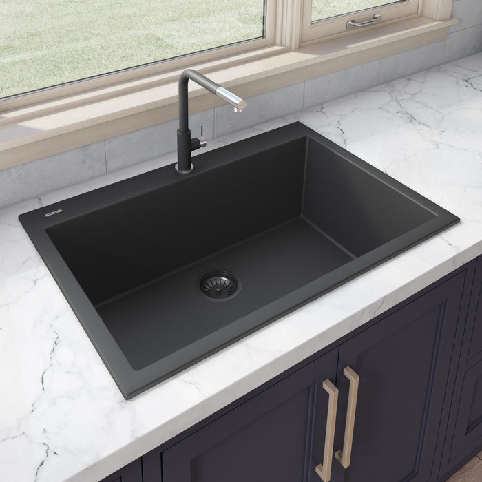 30 x 20 inch epiGranite Drop-in Topmount Granite Composite Single Bowl Kitchen Sink - Midnight Black