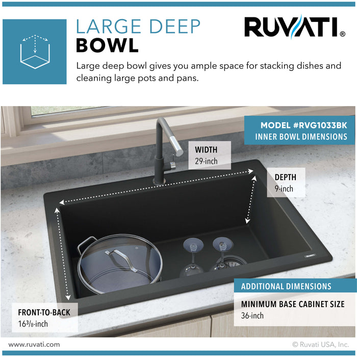 33 x 22 inch epiGranite Drop-in Topmount Granite Composite Single Bowl Kitchen Sink - Midnight Black