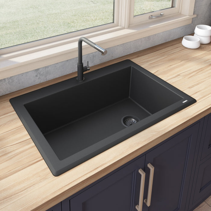 Ruvati 33 x 22 inch epiGranite Drop-in Topmount Granite Composite Single Bowl Kitchen Sink - Midnight Black