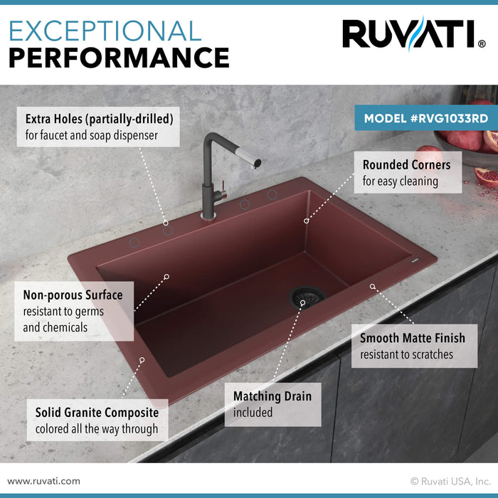 Ruvati 33 x 22 inch Granite Composite Drop-in Topmount Single Bowl Kitchen Sink – Carnelian Red