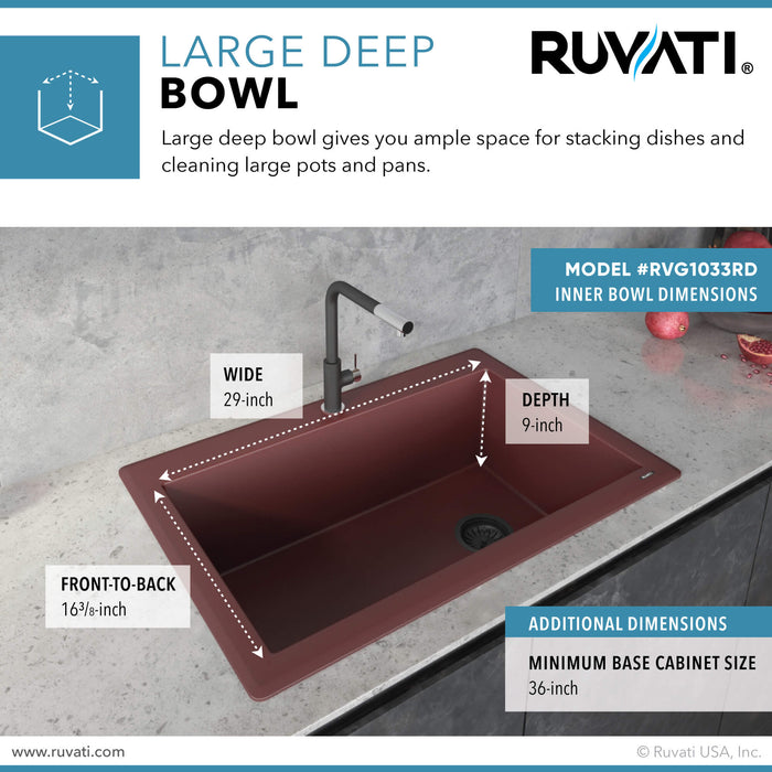 Ruvati 33 x 22 inch Granite Composite Drop-in Topmount Single Bowl Kitchen Sink – Carnelian Red