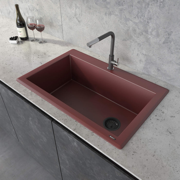 Ruvati 33 x 22 inch Granite Composite Drop-in Topmount Single Bowl Kitchen Sink – Carnelian Red