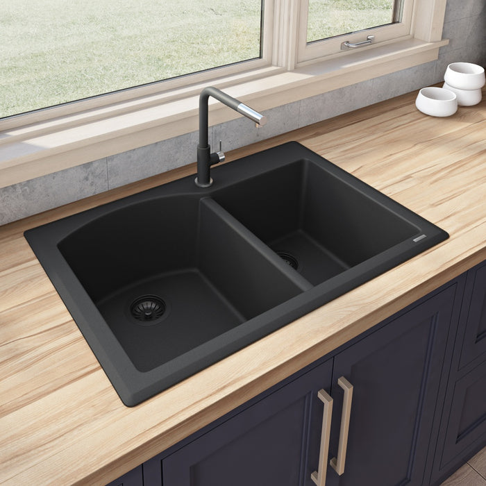 Ruvati 33 x 22 inch epiGranite Dual-Mount Granite Composite Double Bowl Kitchen Sink - Midnight Black