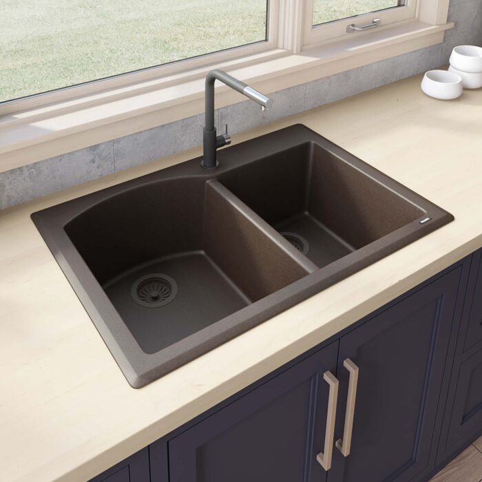 33 x 22 inch epiGranite Dual-Mount Granite Composite Double Bowl Kitchen Sink - Espresso Brown