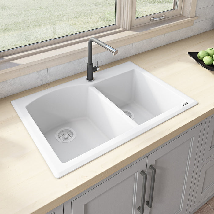 Ruvati 33 x 22 inch epiGranite Dual-Mount Granite Composite Double Bowl Kitchen Sink - Arctic White