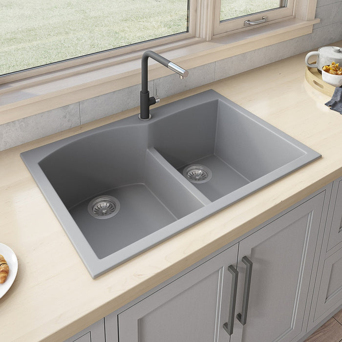 Ruvati 33 x 22 inch epiGranite Drop-in Topmount Granite Composite Double Bowl Kitchen Sink - Silver Gray