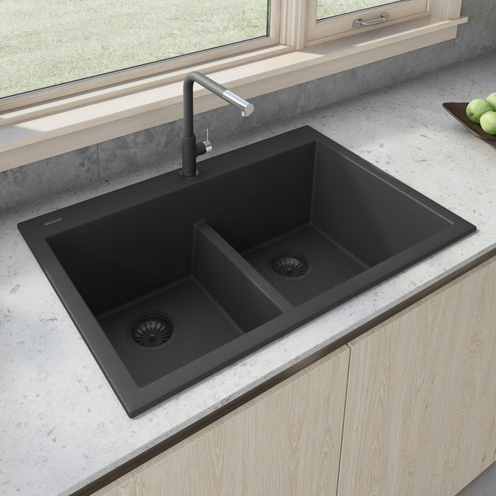 Ruvati 33 x 22 inch epiGranite Drop-in TopMount Granite Composite Double Bowl Low Divide Kitchen Sink - Midnight Black