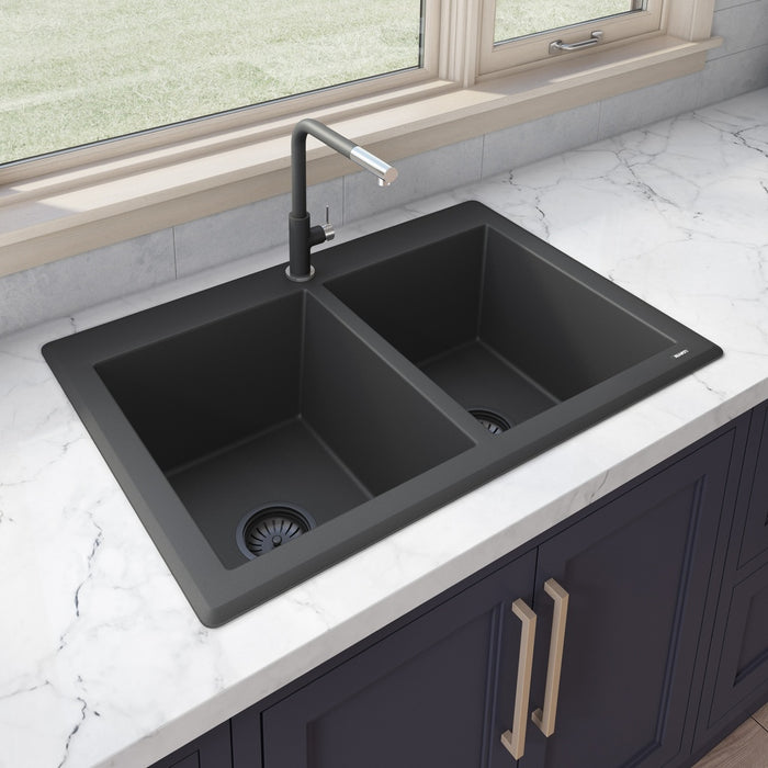 Ruvati 33 x 22 inch epiGranite Dual-Mount Granite Composite Double Bowl Kitchen Sink - Midnight Black