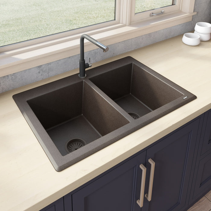 Ruvati 33 x 22 inch epiGranite Dual-Mount Granite Composite Double Bowl Kitchen Sink - Espresso Brown