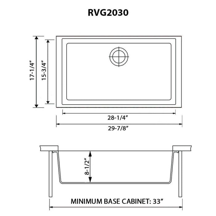 30 x 18 inch Granite Composite Undermount Single Bowl Kitchen Sink - Midnight Black - RVG2030BK