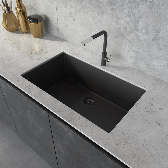 30 x 18 inch Granite Composite Undermount Single Bowl Kitchen Sink - Midnight Black - RVG2030BK