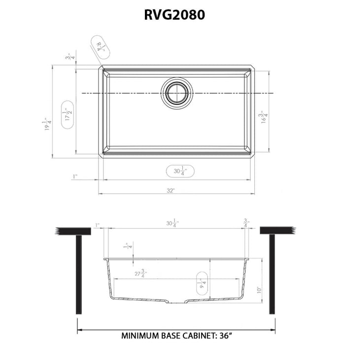 33 x 19 inch Granite Composite Undermount Single Bowl Kitchen Sink - Midnight Black