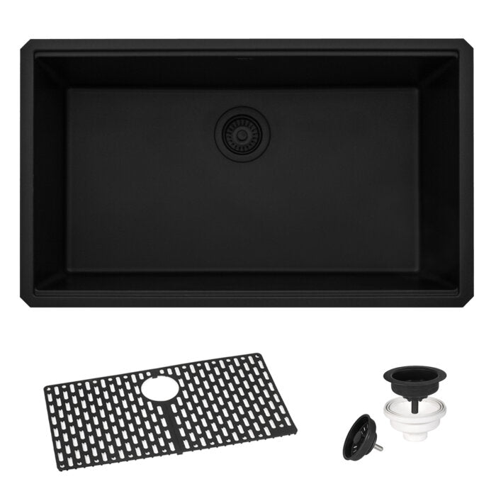 33 x 19 inch Granite Composite Undermount Single Bowl Kitchen Sink - Midnight Black