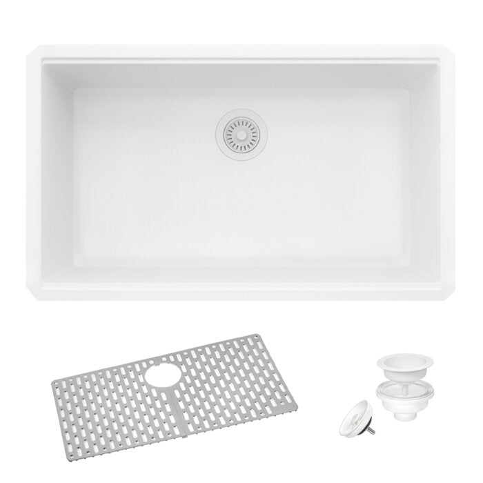 33 x 19 inch Granite Composite Undermount Single Bowl Kitchen Sink - Arctic White