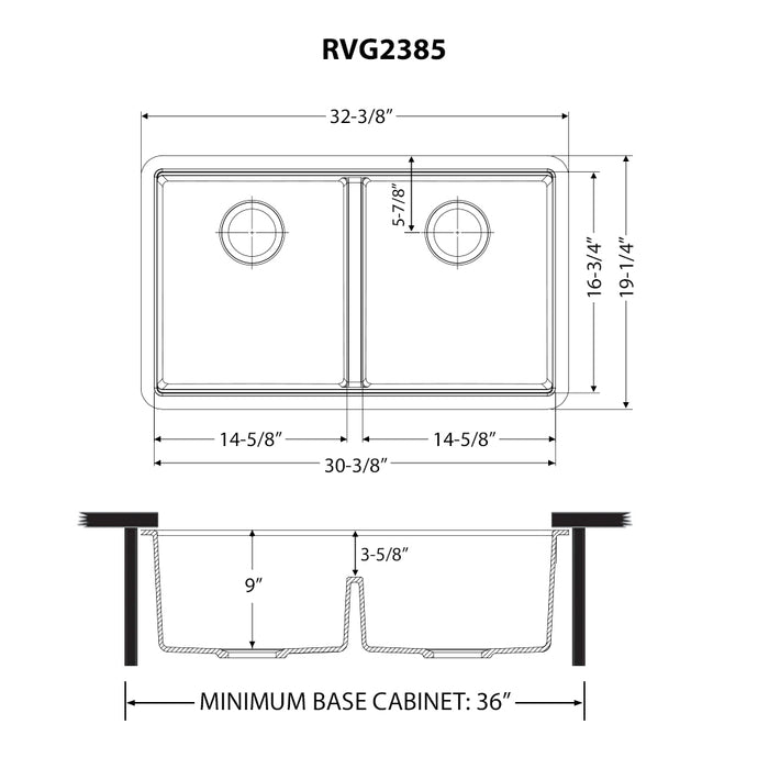 33 x 19 inch Granite Composite Undermount Double Bowl Low Divide Kitchen Sink - Arctic White