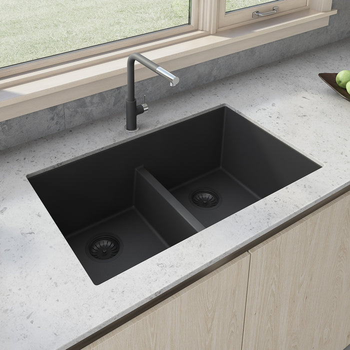 33 x 19 inch Granite Composite Undermount Low Divide Double Bowl Kitchen Sink - Midnight Black