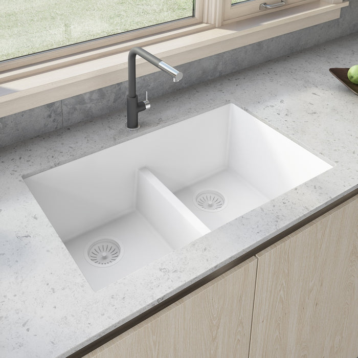 33 x 19 inch Granite Composite Undermount Double Bowl Low Divide Kitchen Sink - Arctic White