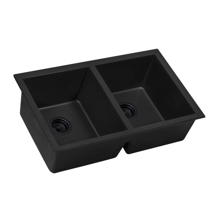 Ruvati 32 x 19 inch Granite Composite Undermount Double Bowl Kitchen Sink – Midnight Black