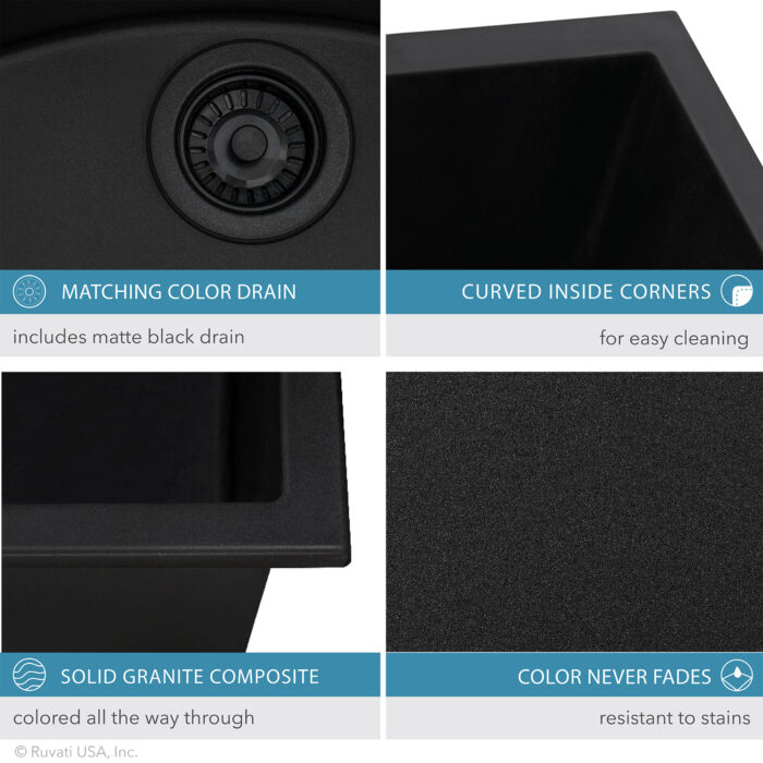 Ruvati 32 x 19 inch Granite Composite Undermount Double Bowl Kitchen Sink – Midnight Black