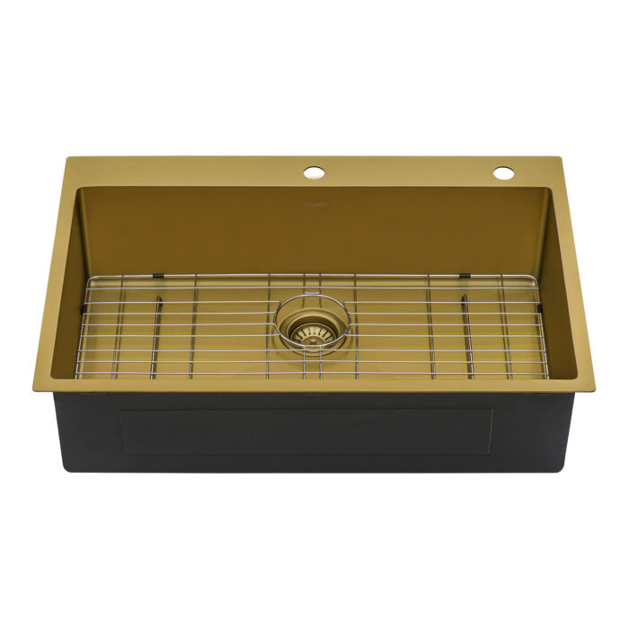 33 x 22 inch Satin Brass Matte Gold Stainless Steel Drop-in Topmount Kitchen Sink Single Bowl