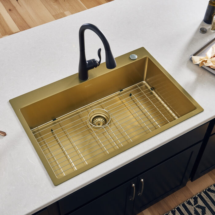 33 x 22 inch Satin Brass Matte Gold Stainless Steel Drop-in Topmount Kitchen Sink Single Bowl