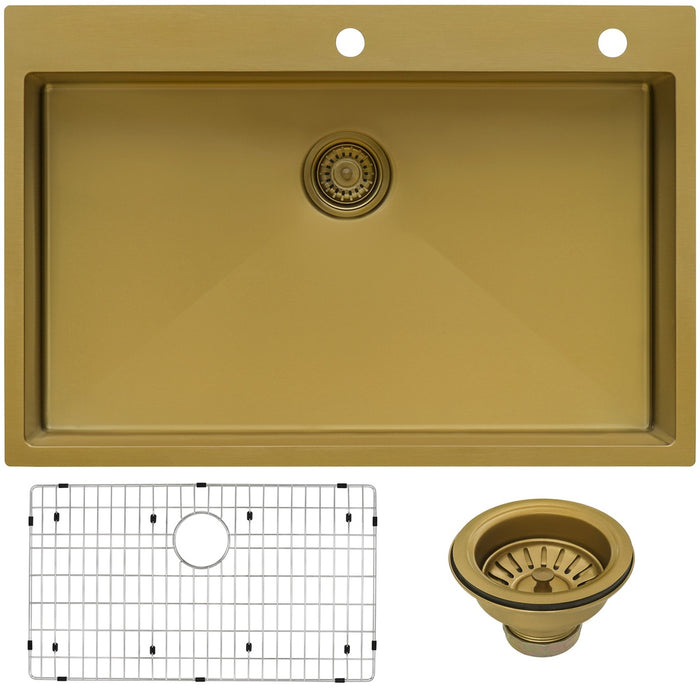 Ruvati 33 x 22 inch Satin Brass Matte Gold Stainless Steel Drop-in Topmount Kitchen Sink Single Bowl