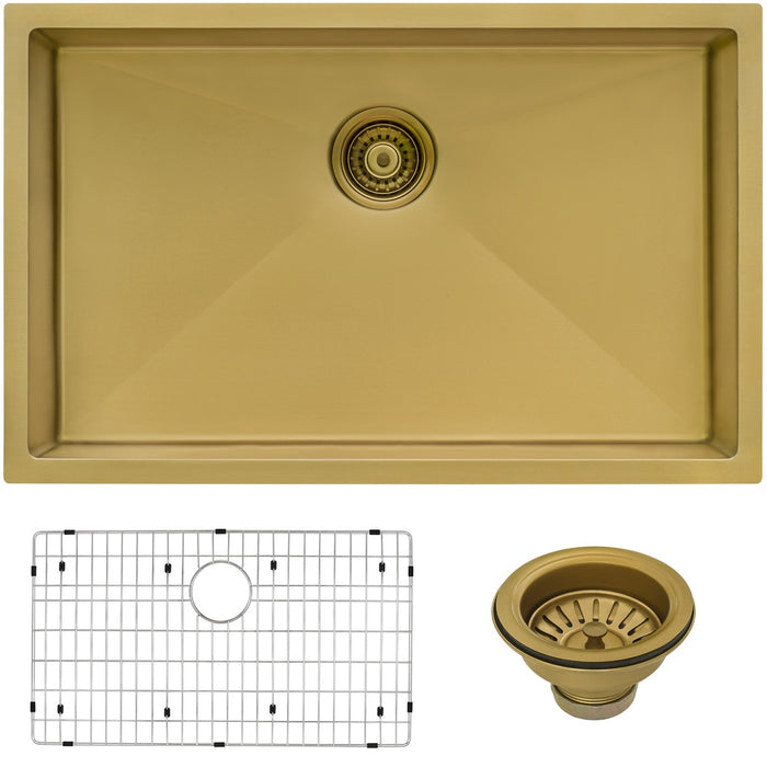 27-inch Undermount Satin Brass Matte Gold Stainless Steel Kitchen Sink 16 Gauge Single Bowl