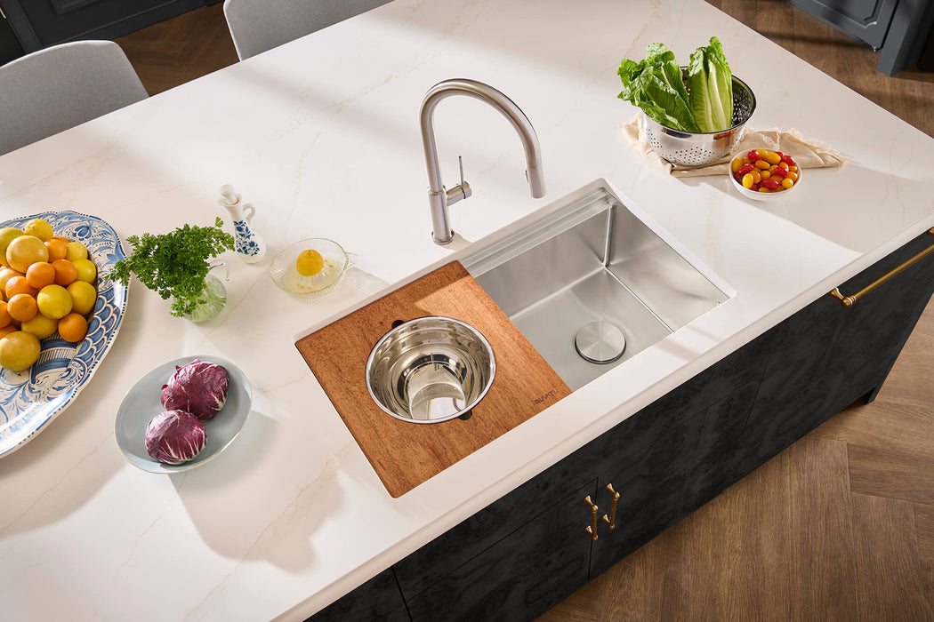 Ruvati 33-inch Workstation Two-Tiered Double Ledge Kitchen Sink Undermount 16 Gauge Stainless Steel - RVH6222ST