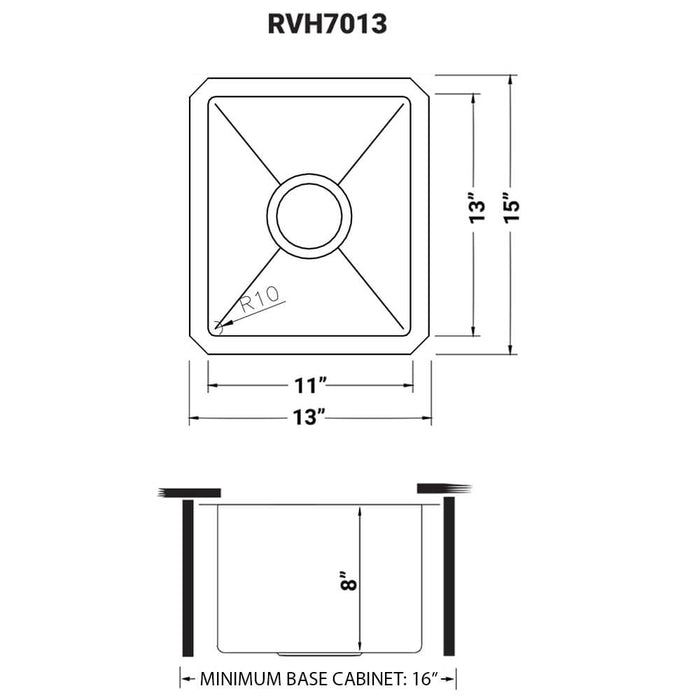 13 x 15 inch Undermount Bar Prep 16 Gauge Kitchen Sink Round Corners Stainless Steel Single Bowl