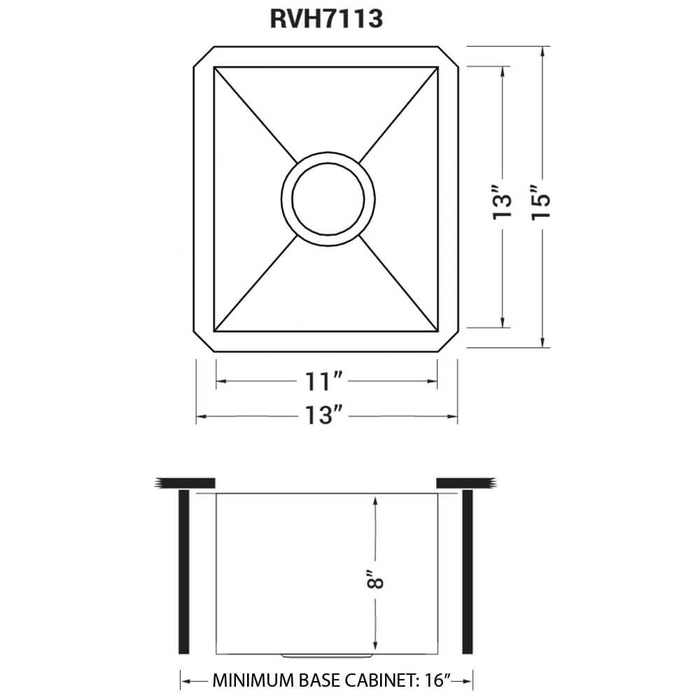 13 x 15 inch Undermount 16 Gauge Zero Radius Bar Prep Kitchen Sink Stainless Steel Single Bowl