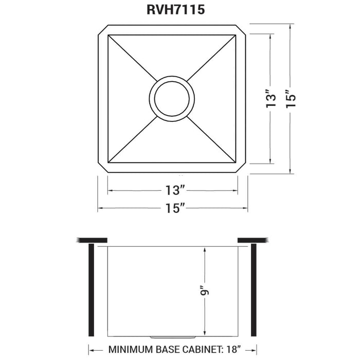 15 x 15 inch Undermount 16 Gauge Zero Radius Bar Prep Square Kitchen Sink Single Bowl