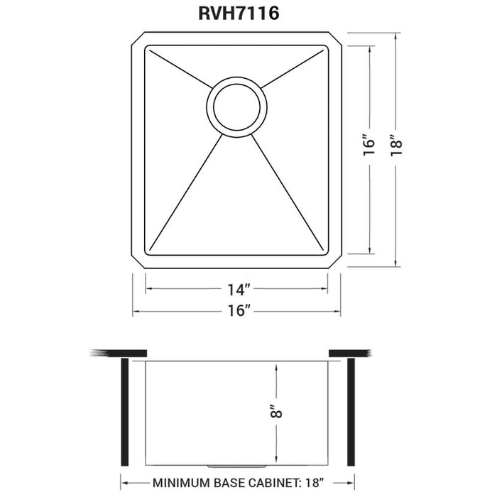 16 x 18 inch Undermount Bar Prep Kitchen Sink 16 Gauge Rounded Corners Stainless Steel Single Bowl - RVH7116