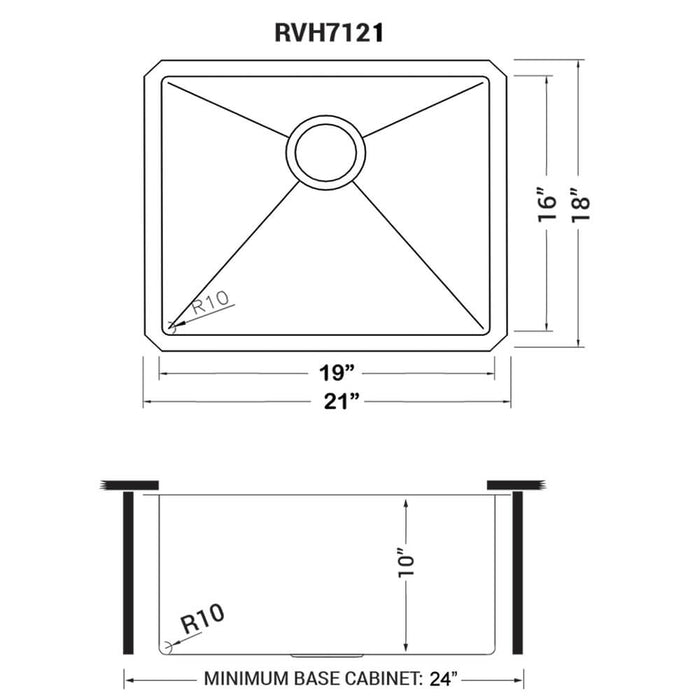 21-inch Undermount Stainless Steel Bar Prep Kitchen Sink 16 Gauge Rounded Corners Single Bowl - RVH7121